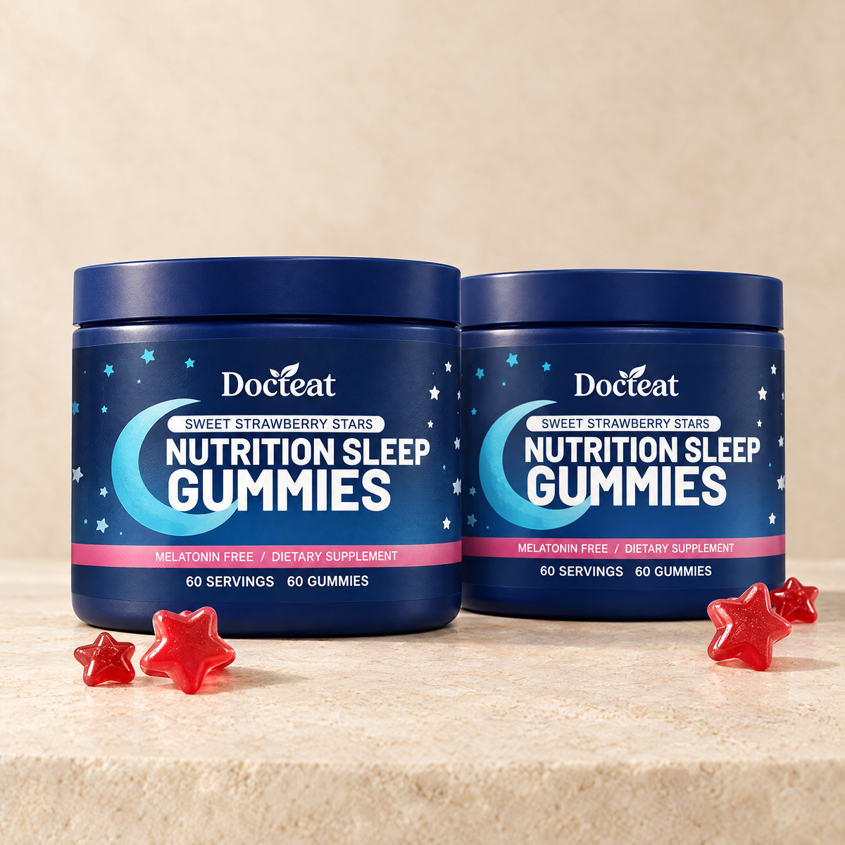 Docteat Sleep Gummies 2 bottle pack, 120 gummies, premium studio product shot