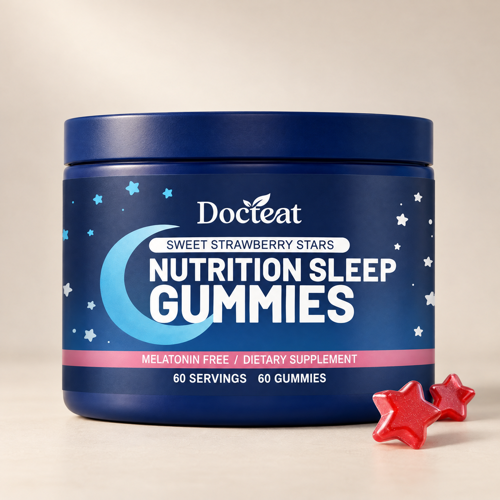 Docteat Sleep Gummies single jar, 60 servings, premium studio product shot on warm stone background