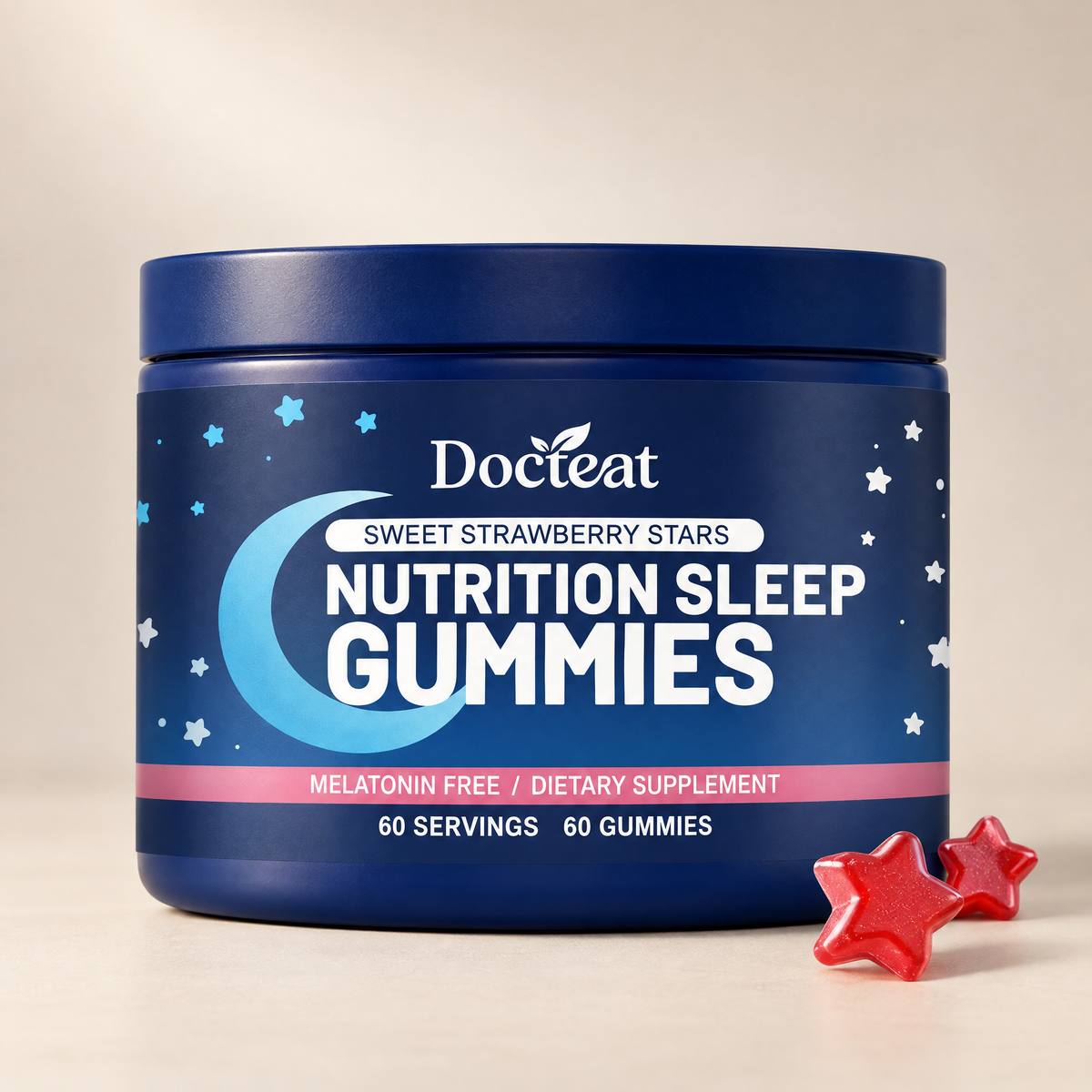Docteat Sleep Gummies single jar, 60 servings, premium studio product shot on warm stone background