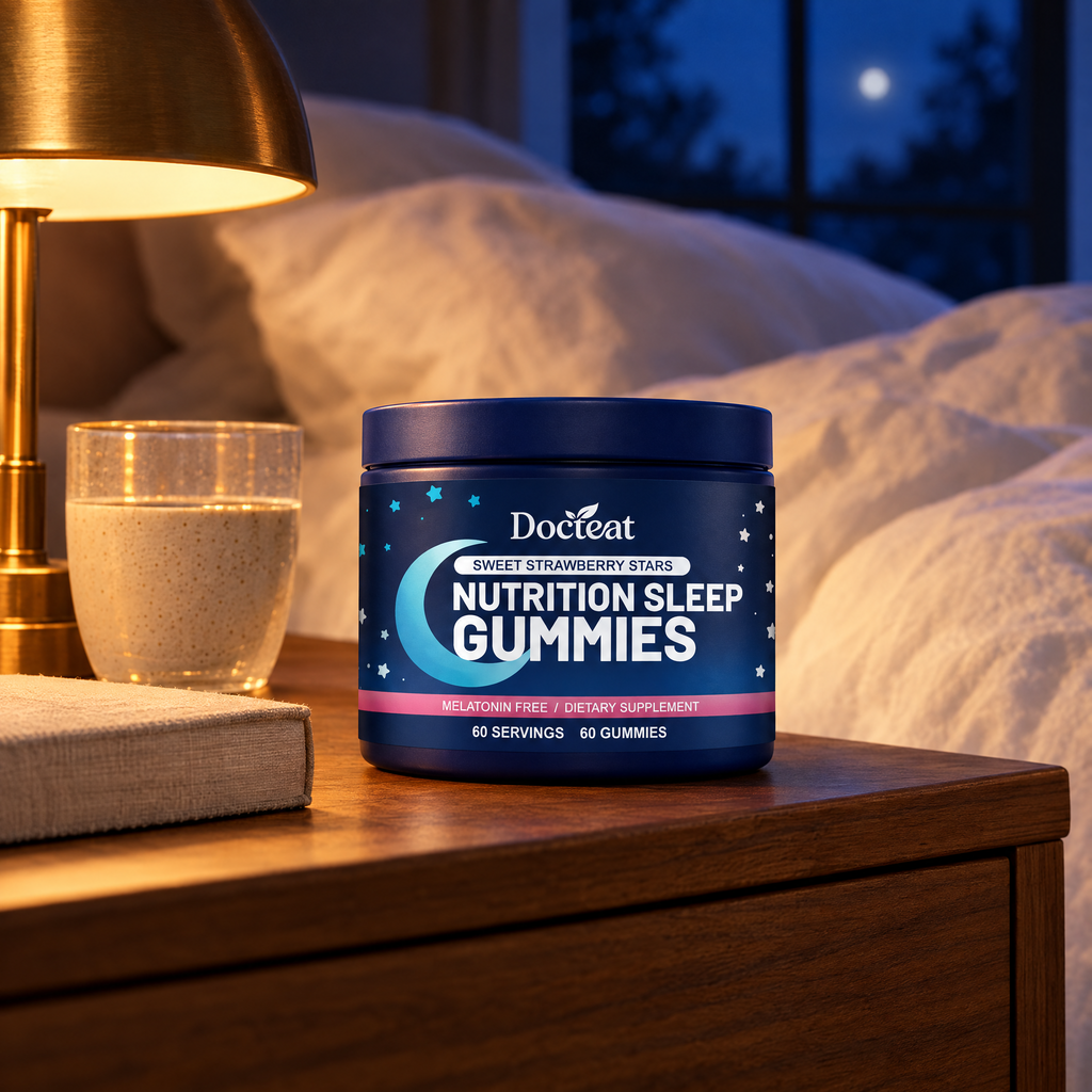 Docteat Sleep Gummies on a nightstand with warm bedside lamp, evening wind-down routine