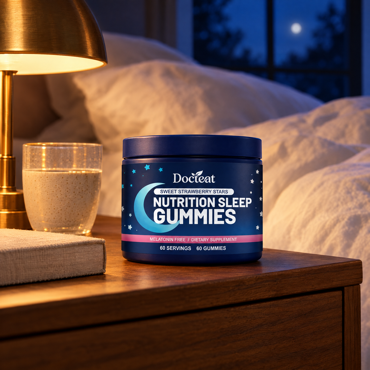 Docteat Sleep Gummies on a nightstand with warm bedside lamp, evening wind-down routine