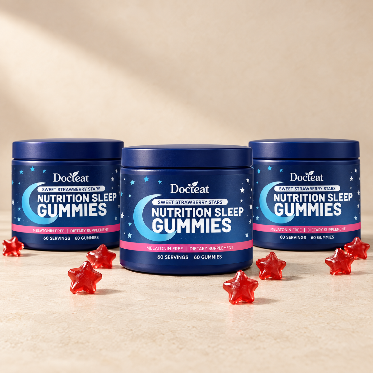 Docteat Sleep Gummies 3 bottle pack, 180 gummies, premium studio product shot