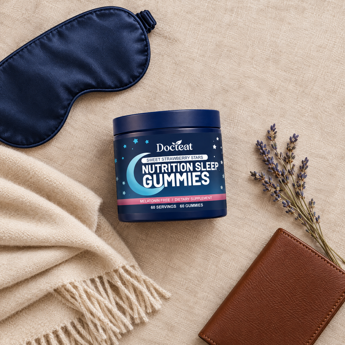 Docteat Sleep Gummies travel flat lay with silk sleep mask and lavender