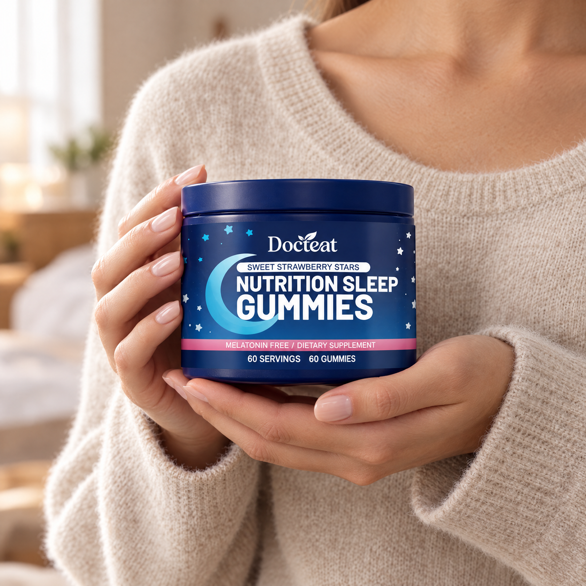 Woman holding a jar of Docteat Sleep Gummies in a calm bedroom