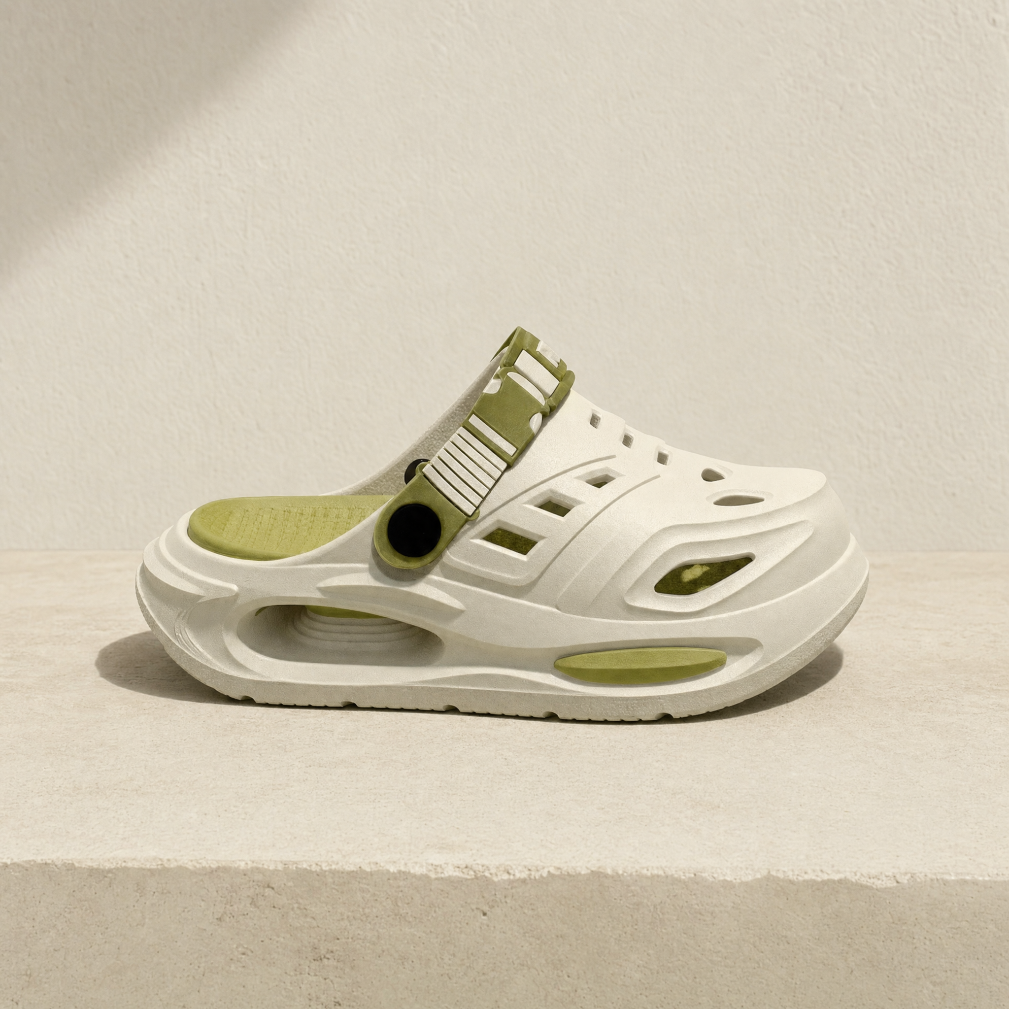 Arch support clog in cream and green on a stone ledge