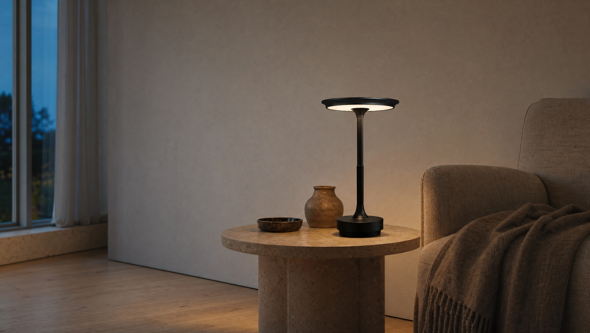 A cordless table lamp lit at dusk in a calm living corner