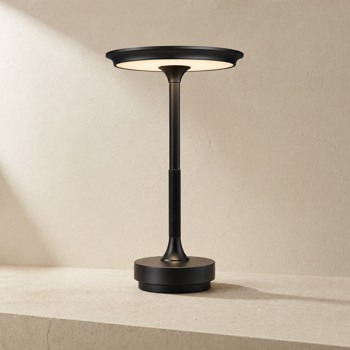 Cordless LED table lamp in black, lit on a stone ledge