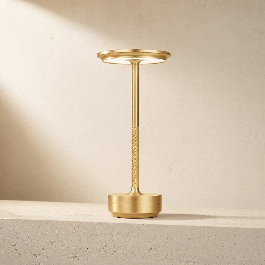 Cordless LED table lamp in gold, lit on a stone ledge