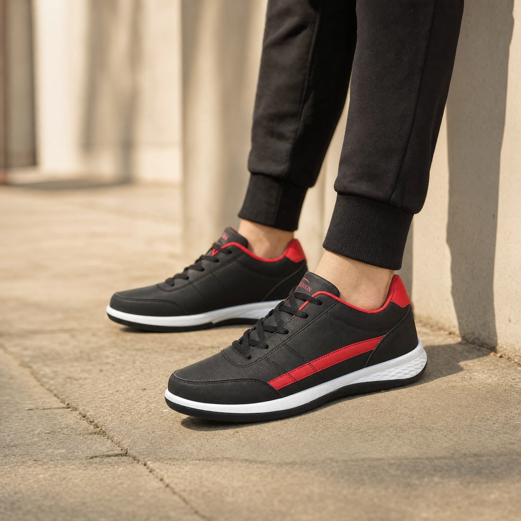 Black casual sneaker with red side stripe, worn