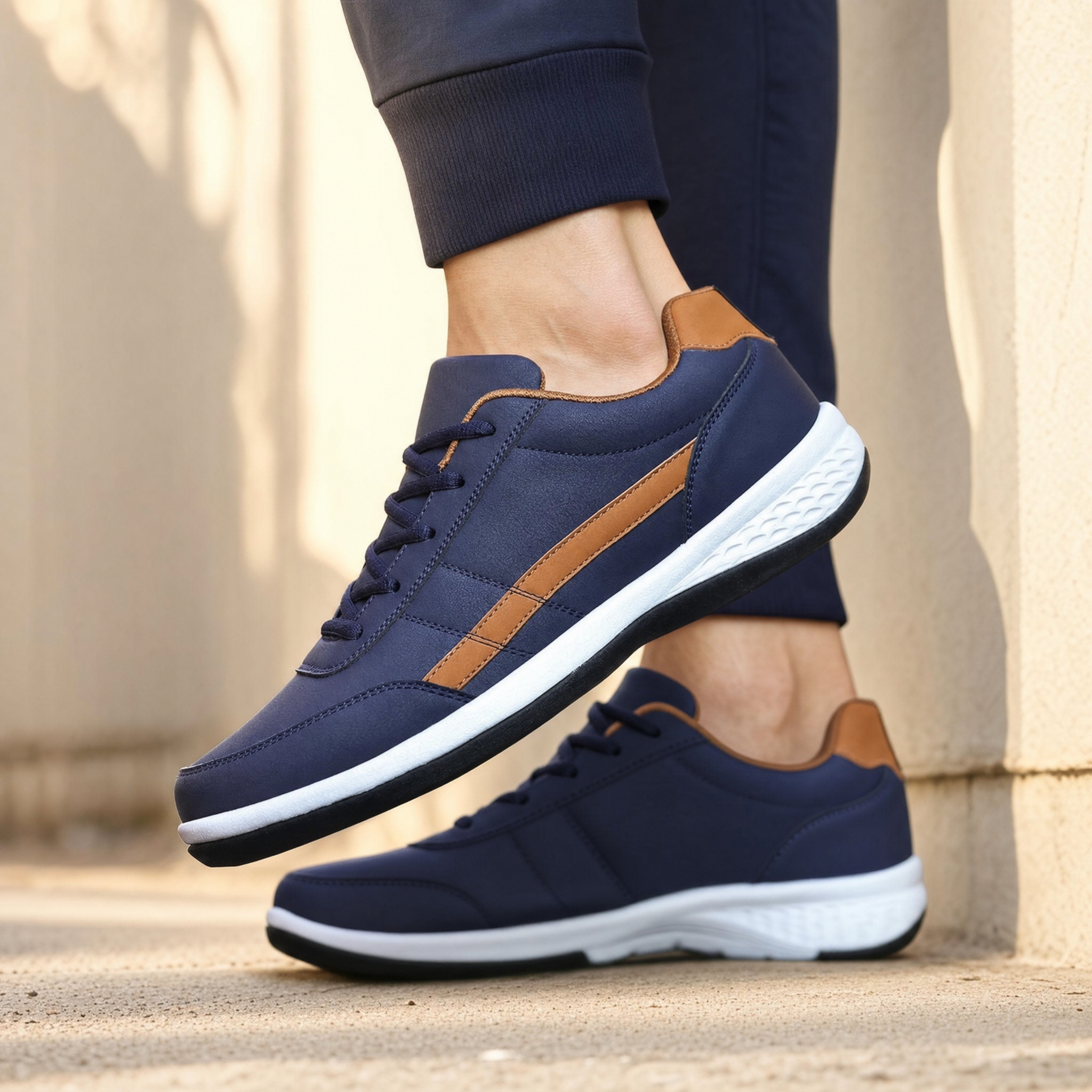 Navy casual sneaker with tan side stripe, worn
