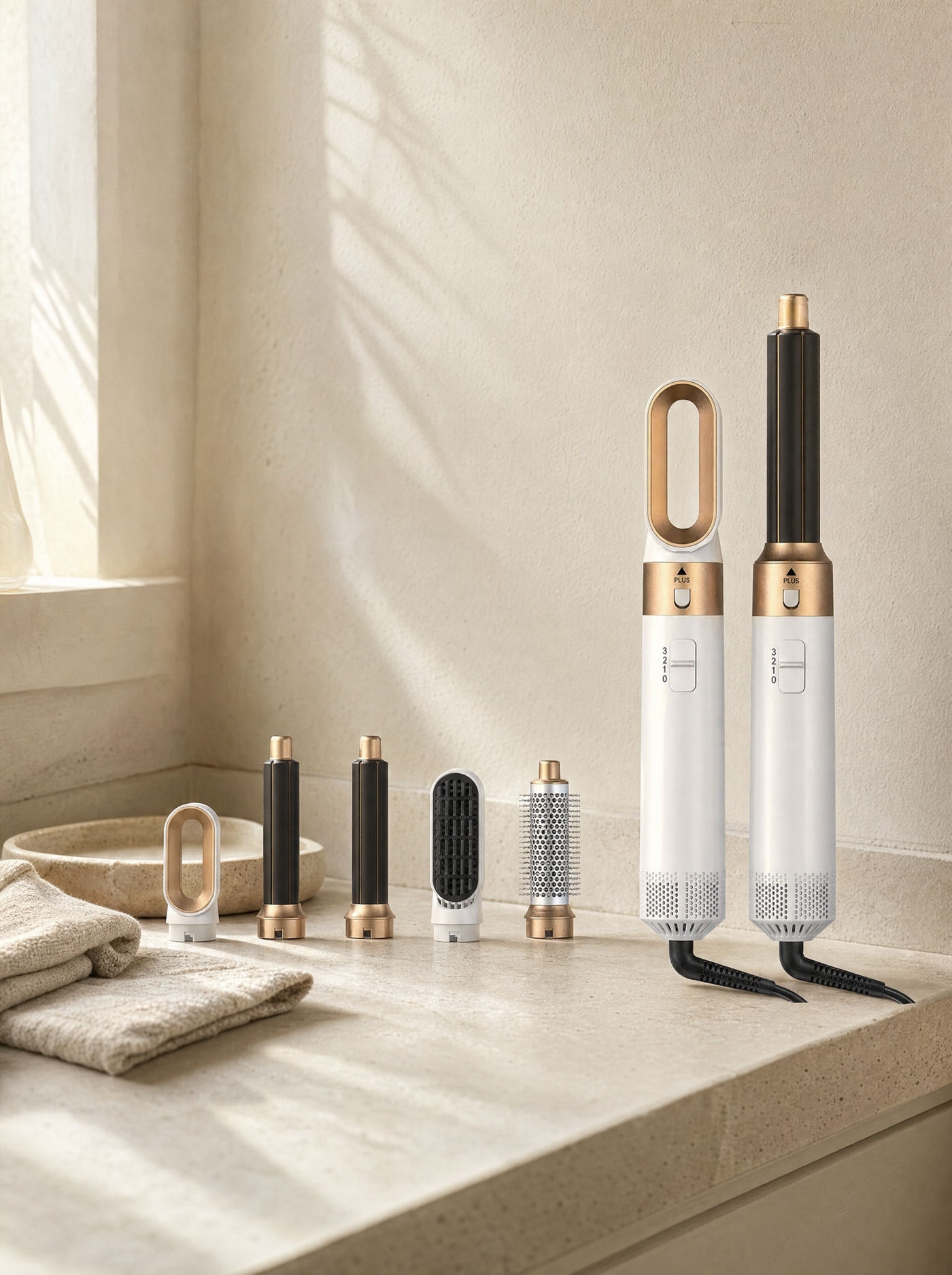 The styling kit laid out on a vanity counter