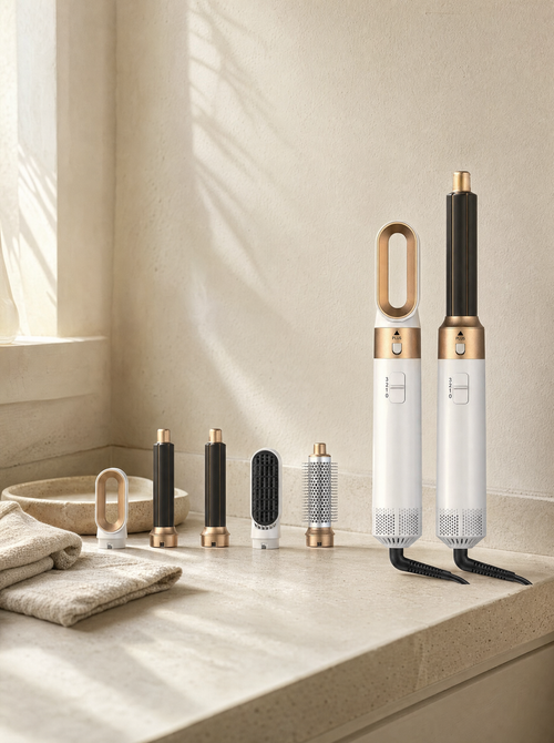 The styling kit laid out on a vanity counter